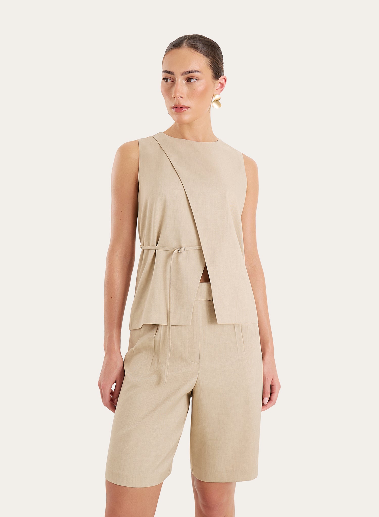 Beige Tailored Tie Waist Detail Wrap Front Top